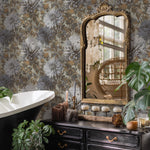 Floral Wallpaper with Vintage Chrysanthemum Blooms in Blue, Gray, and Brown - E299