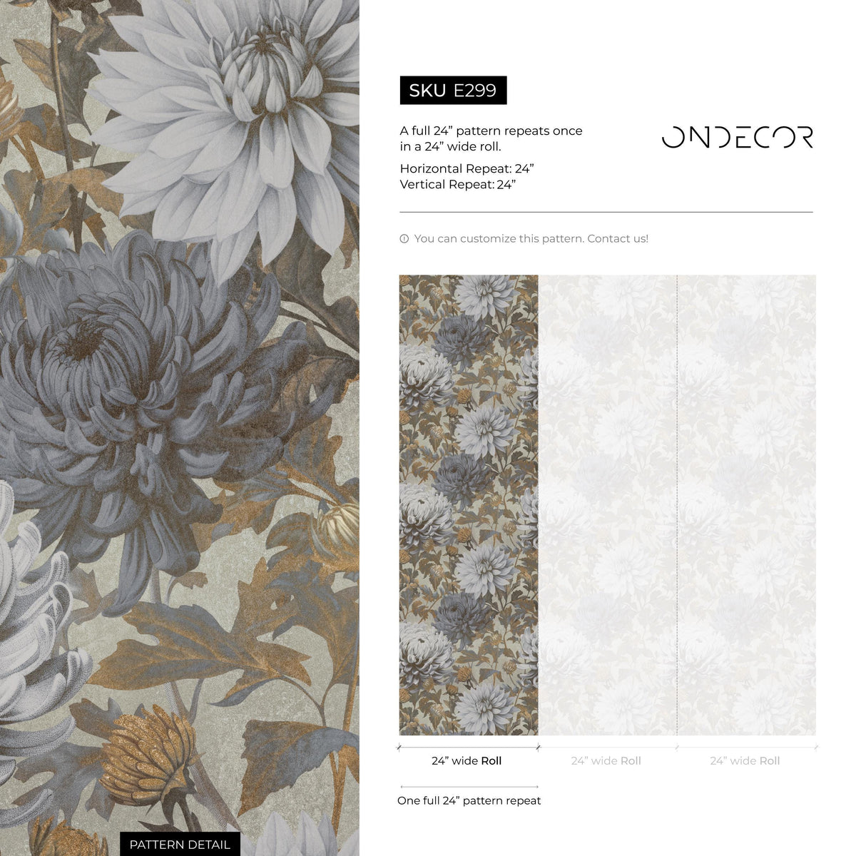 Floral Wallpaper with Vintage Chrysanthemum Blooms in Blue, Gray, and Brown - E299