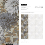 Floral Wallpaper with Vintage Chrysanthemum Blooms in Blue, Gray, and Brown - E299