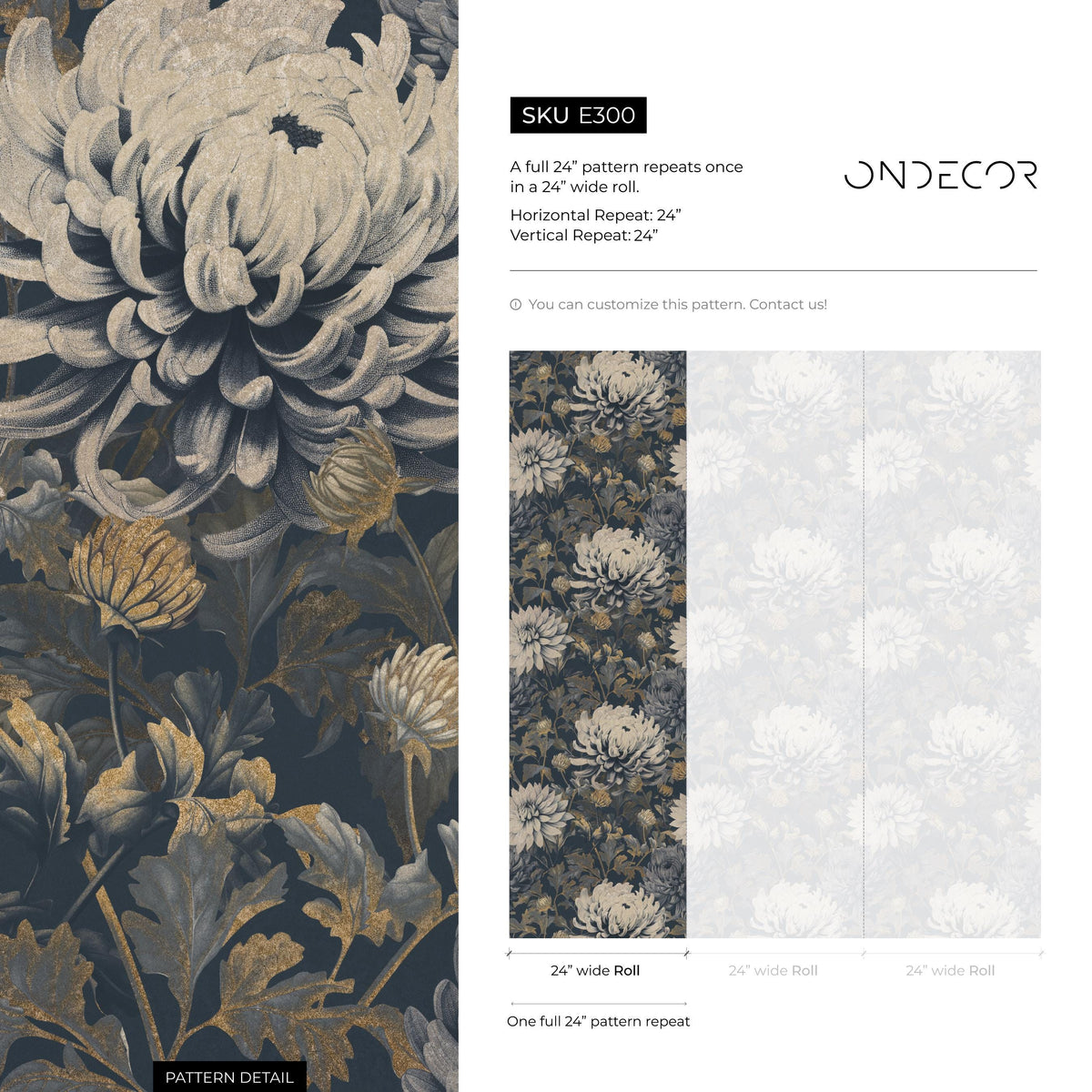 Floral Wallpaper with Moody Blooms in Dark Blue and Gold - E300