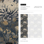 Floral Wallpaper with Moody Blooms in Dark Blue and Gold - E300