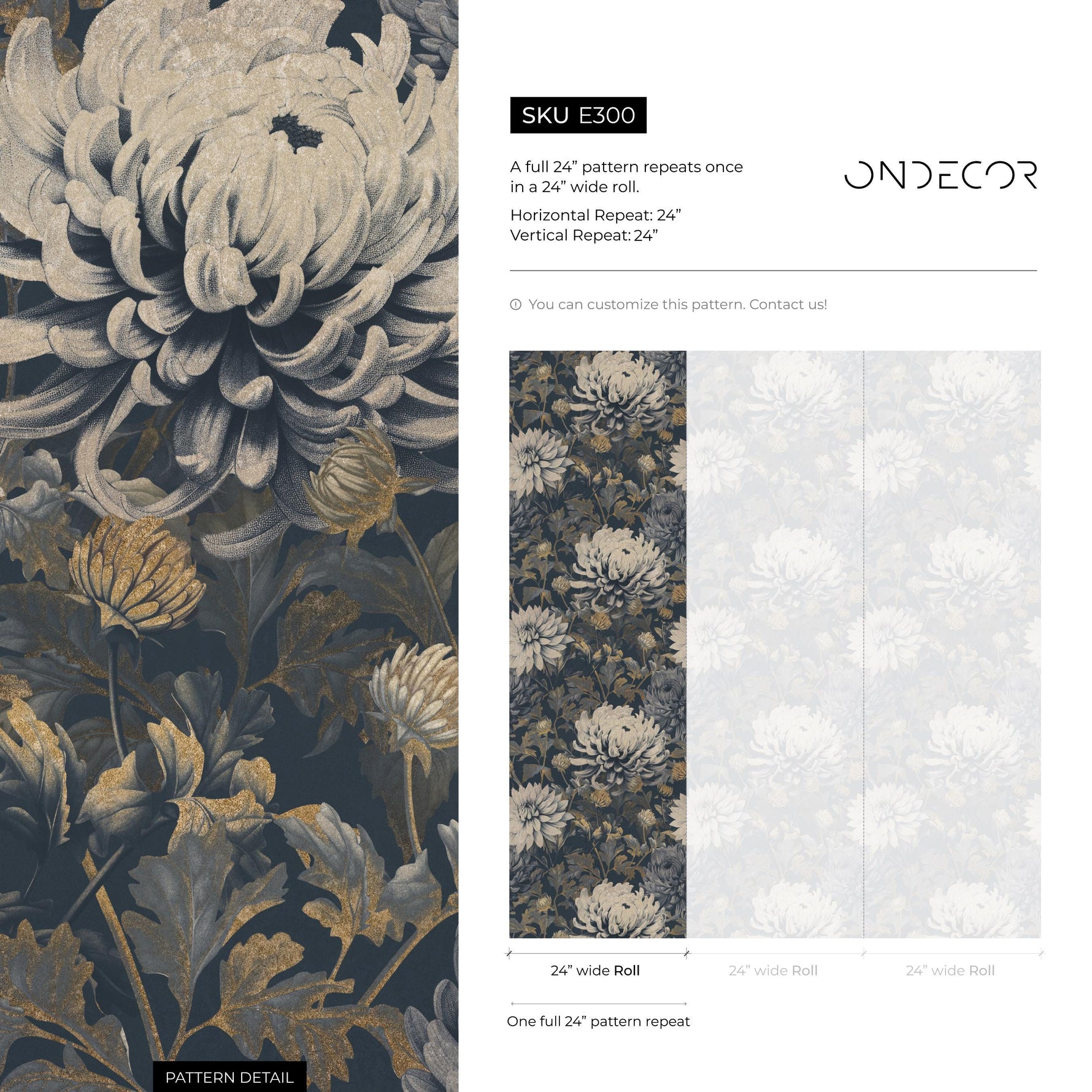 Floral Wallpaper with Moody Blooms in Dark Blue and Gold - E300