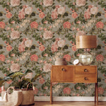Floral Wallpaper with Vintage Roses and Peonies in Pink, Green, and Gray - E305