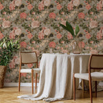 Floral Wallpaper with Vintage Roses and Peonies in Pink, Green, and Gray - E305