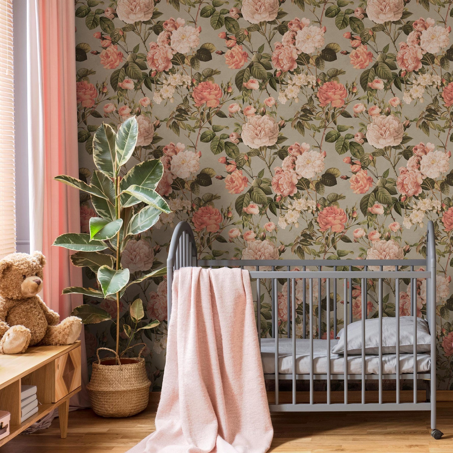 Floral Wallpaper with Vintage Roses and Peonies in Pink, Green, and Gray - E305