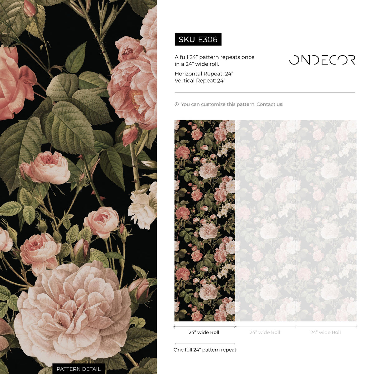 Floral Wallpaper with Vintage Roses in Pink, Green, and Black - E306