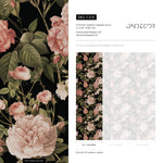 Floral Wallpaper with Vintage Roses in Pink, Green, and Black - E306