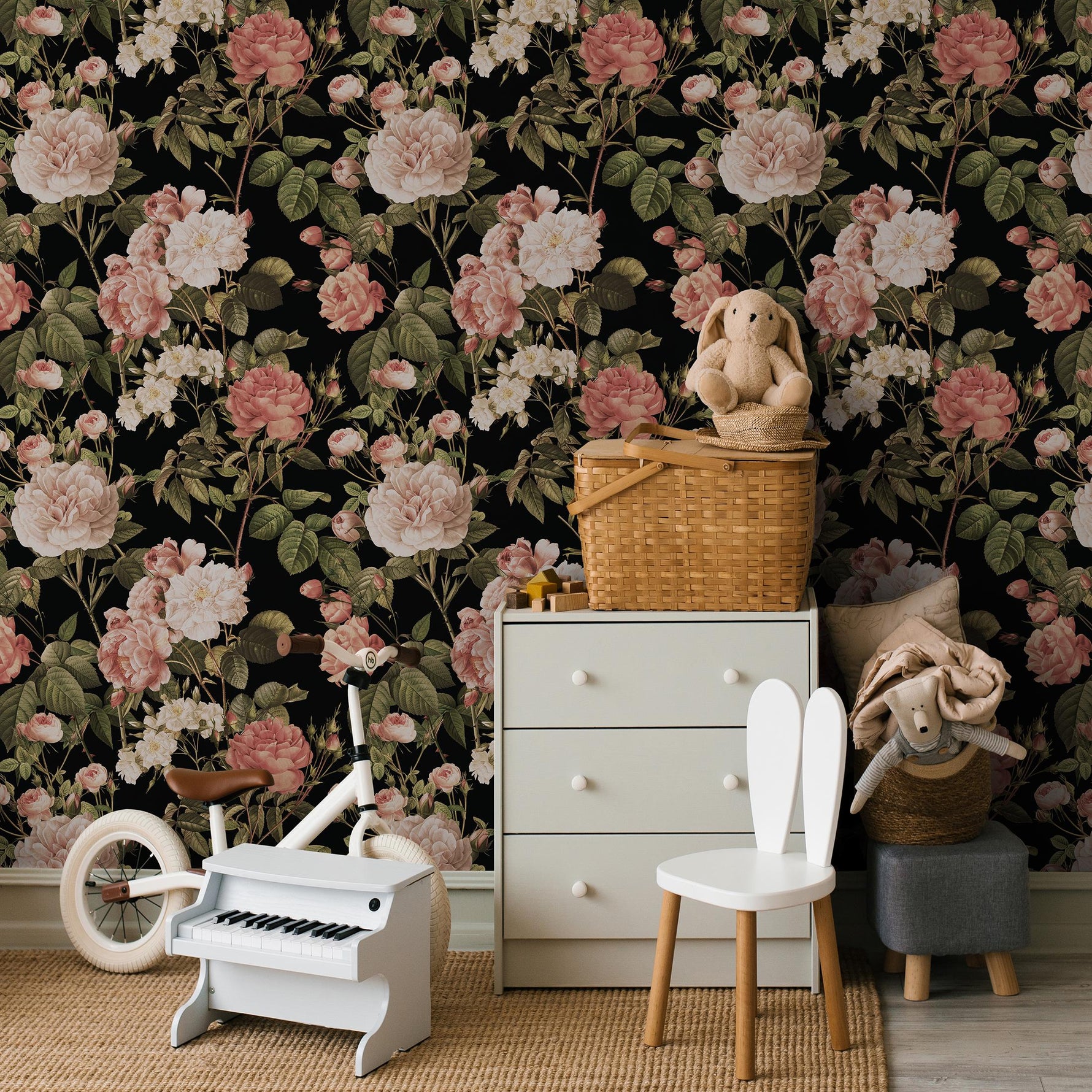 Floral Wallpaper with Vintage Roses in Pink, Green, and Black - E306