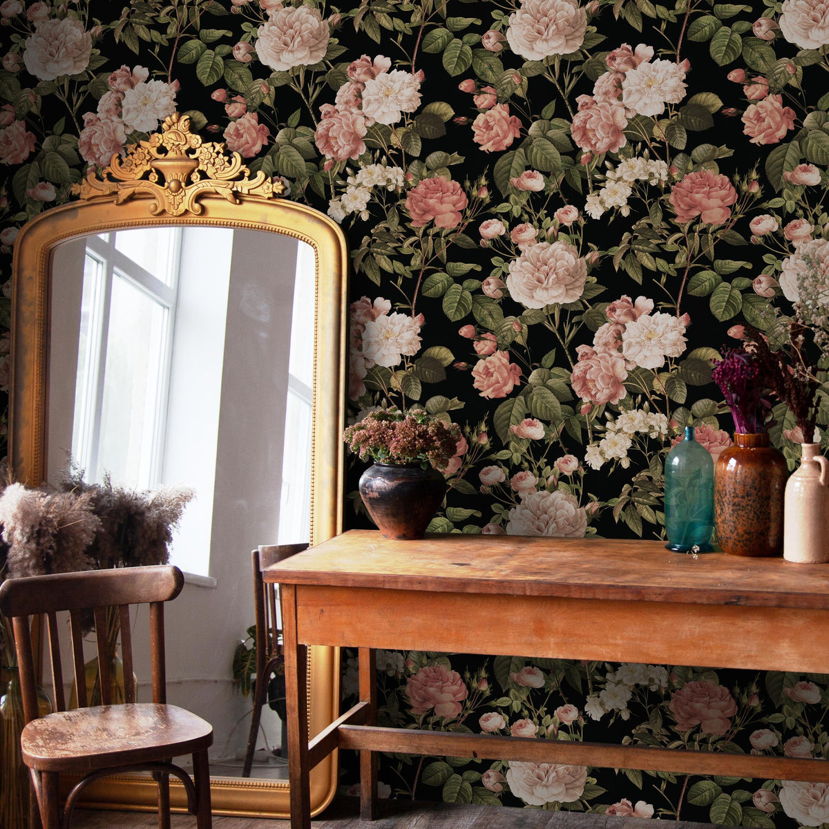 Floral Wallpaper with Vintage Roses in Pink, Green, and Black - E306