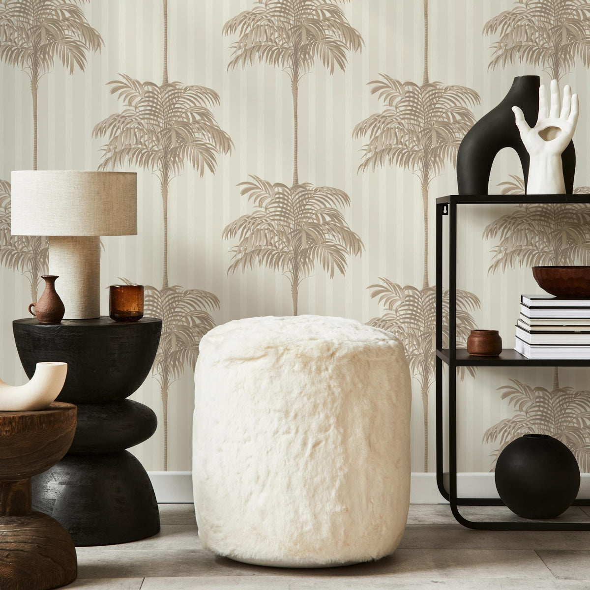 Botanical Wallpaper featuring a Striped Palm Tree Motif in Beige and Tan - E309
