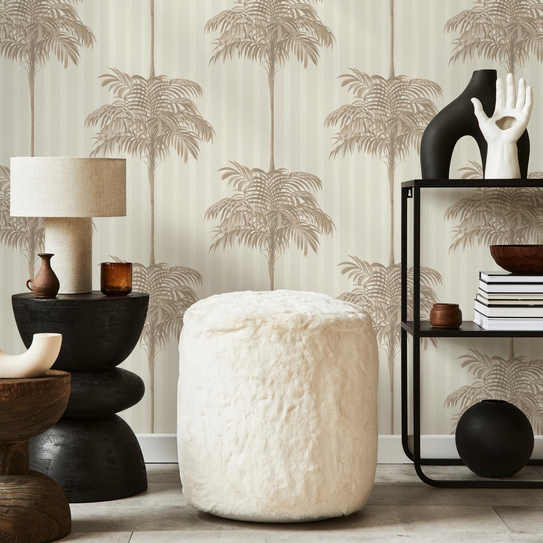 Botanical Wallpaper featuring a Striped Palm Tree Motif in Beige and Tan - E309