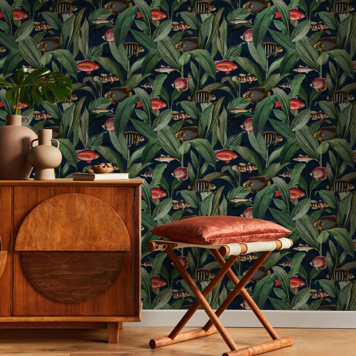Tropical Wallpaper with Fish and Leaves in Green, Red, and Blue - E310