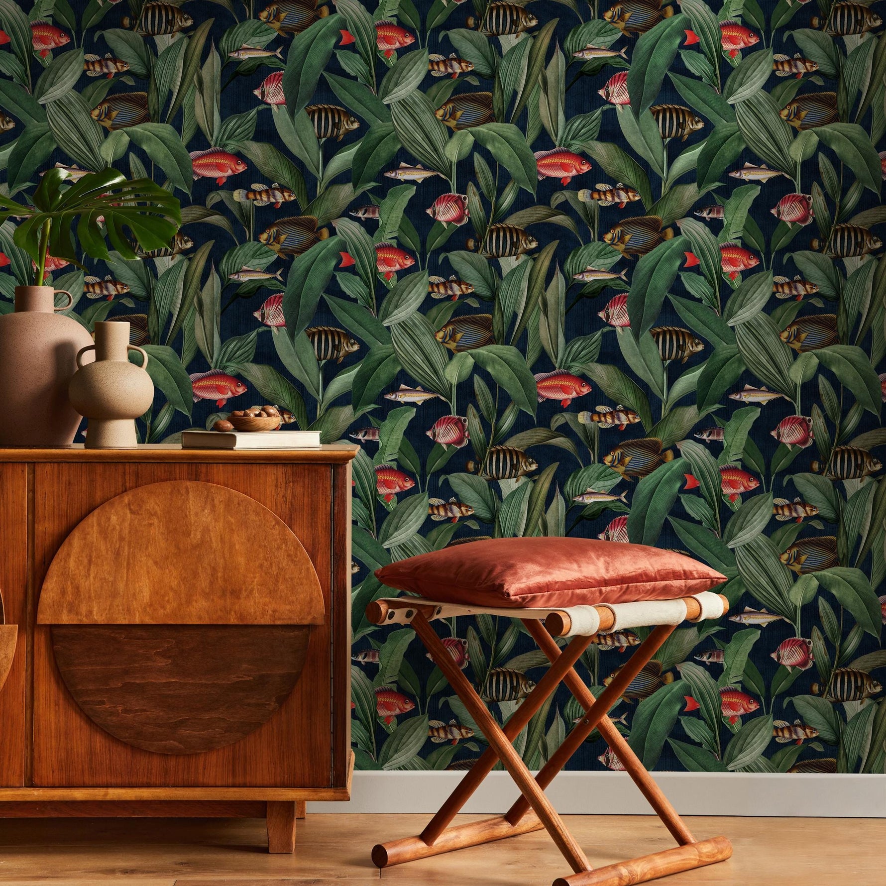 Tropical Wallpaper with Fish and Leaves in Green, Red, and Blue - E310