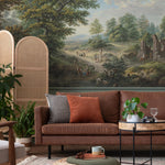 Scenic Wallpaper of a Vintage Countryside Landscape in Green, Blue, and Brown - E319