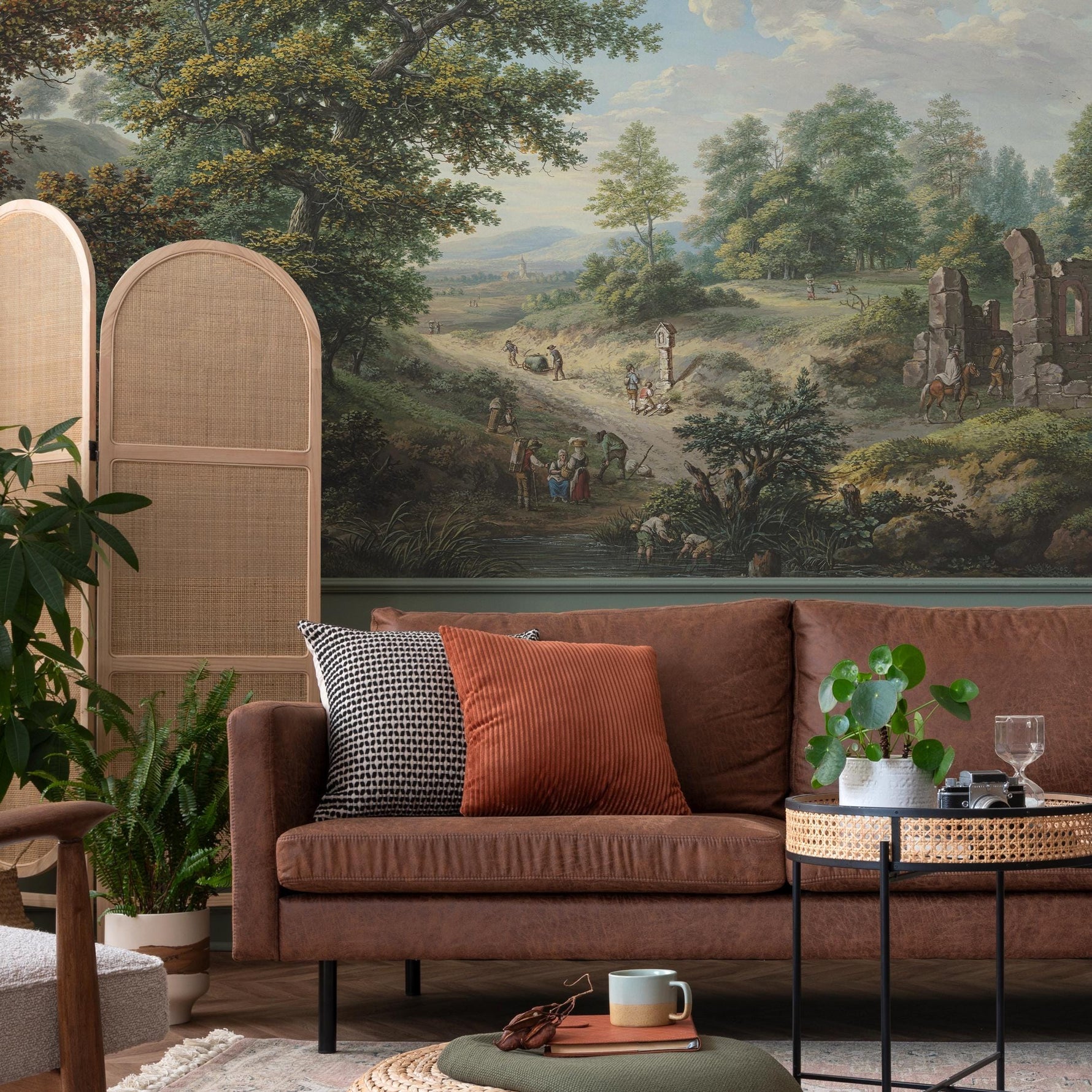 Scenic Wallpaper of a Vintage Countryside Landscape in Green, Blue, and Brown - E319