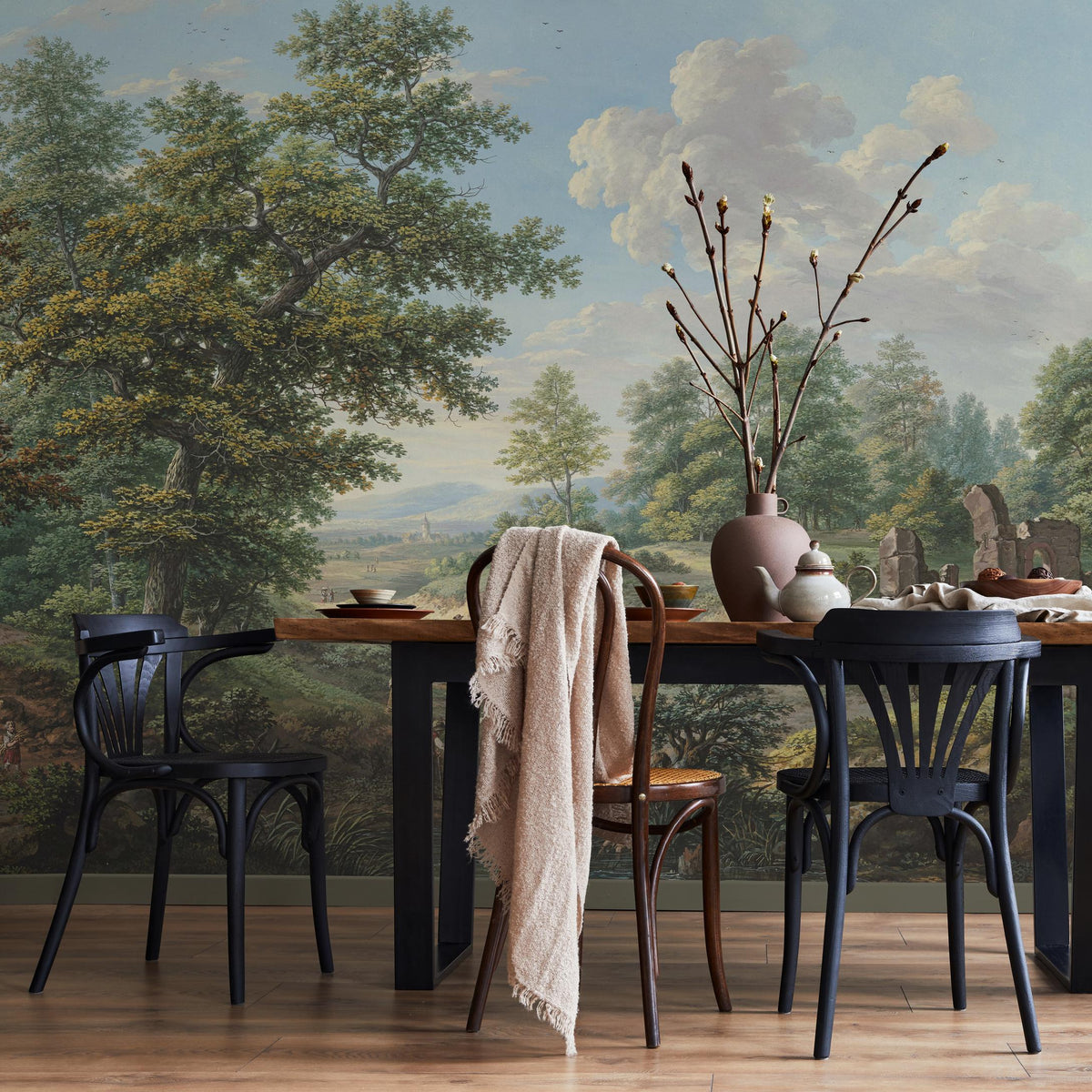 Scenic Wallpaper of a Vintage Countryside Landscape in Green, Blue, and Brown - E319