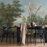 Scenic Wallpaper of a Vintage Countryside Landscape in Green, Blue, and Brown - E319