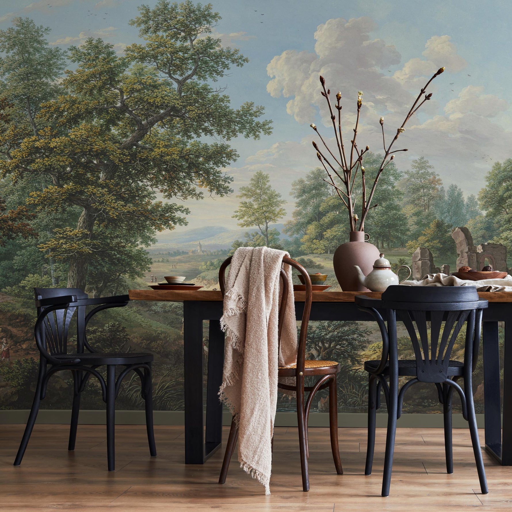 Scenic Wallpaper of a Vintage Countryside Landscape in Green, Blue, and Brown - E319