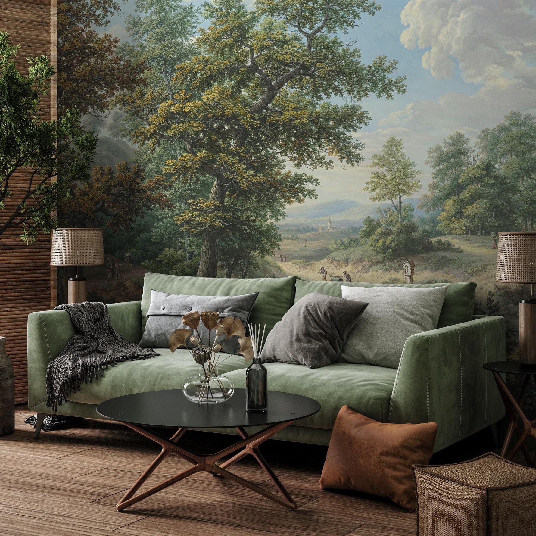 Scenic Wallpaper of a Vintage Countryside Landscape in Green, Blue, and Brown - E319