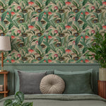 Tropical Fish Wallpaper with Botanical Leaves in Green and Red - E311