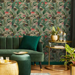 Tropical Fish Wallpaper with Botanical Leaves in Green and Red - E311