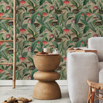 Tropical Fish Wallpaper with Botanical Leaves in Green and Red - E311