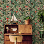 Tropical Fish Wallpaper with Botanical Leaves in Green and Red - E311