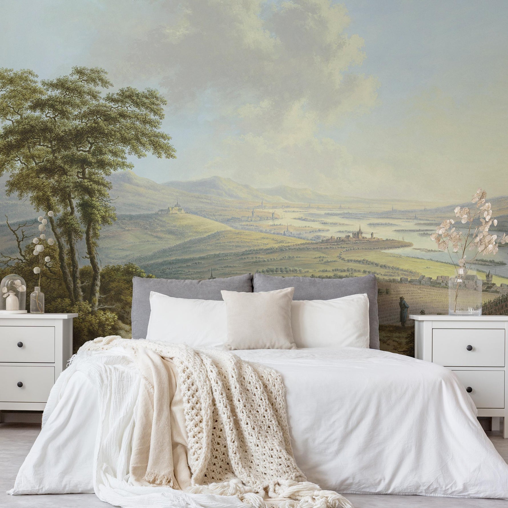 Landscape Wallpaper Depicting a Vintage Painting in Green and Brown - E318