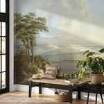 Landscape Wallpaper Depicting a Vintage Painting in Green and Brown - E318