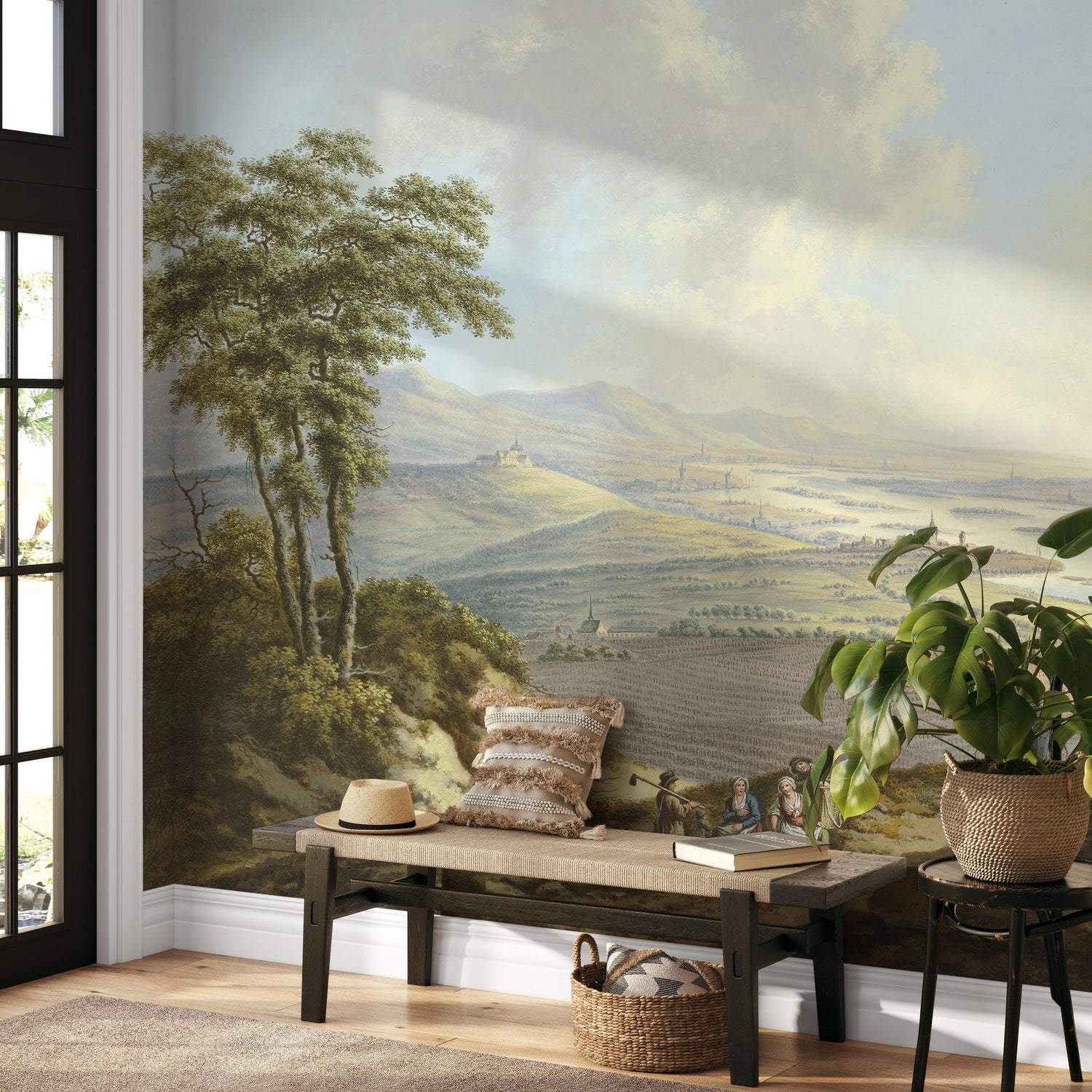 Landscape Wallpaper Depicting a Vintage Painting in Green and Brown - E318