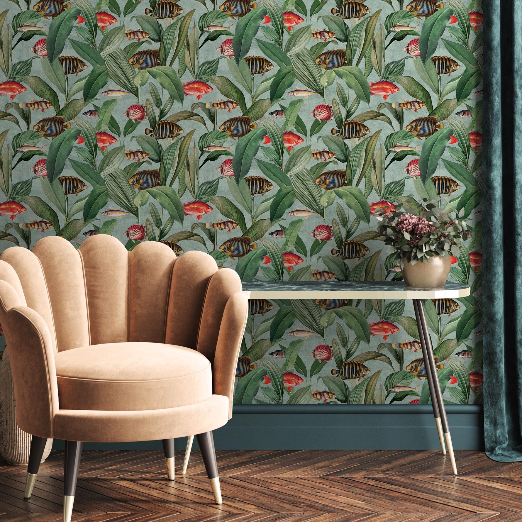 Tropical Wallpaper with Vintage Fish Illustrations in Green and Red - E312