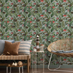 Tropical Wallpaper with Vintage Fish Illustrations in Green and Red - E312