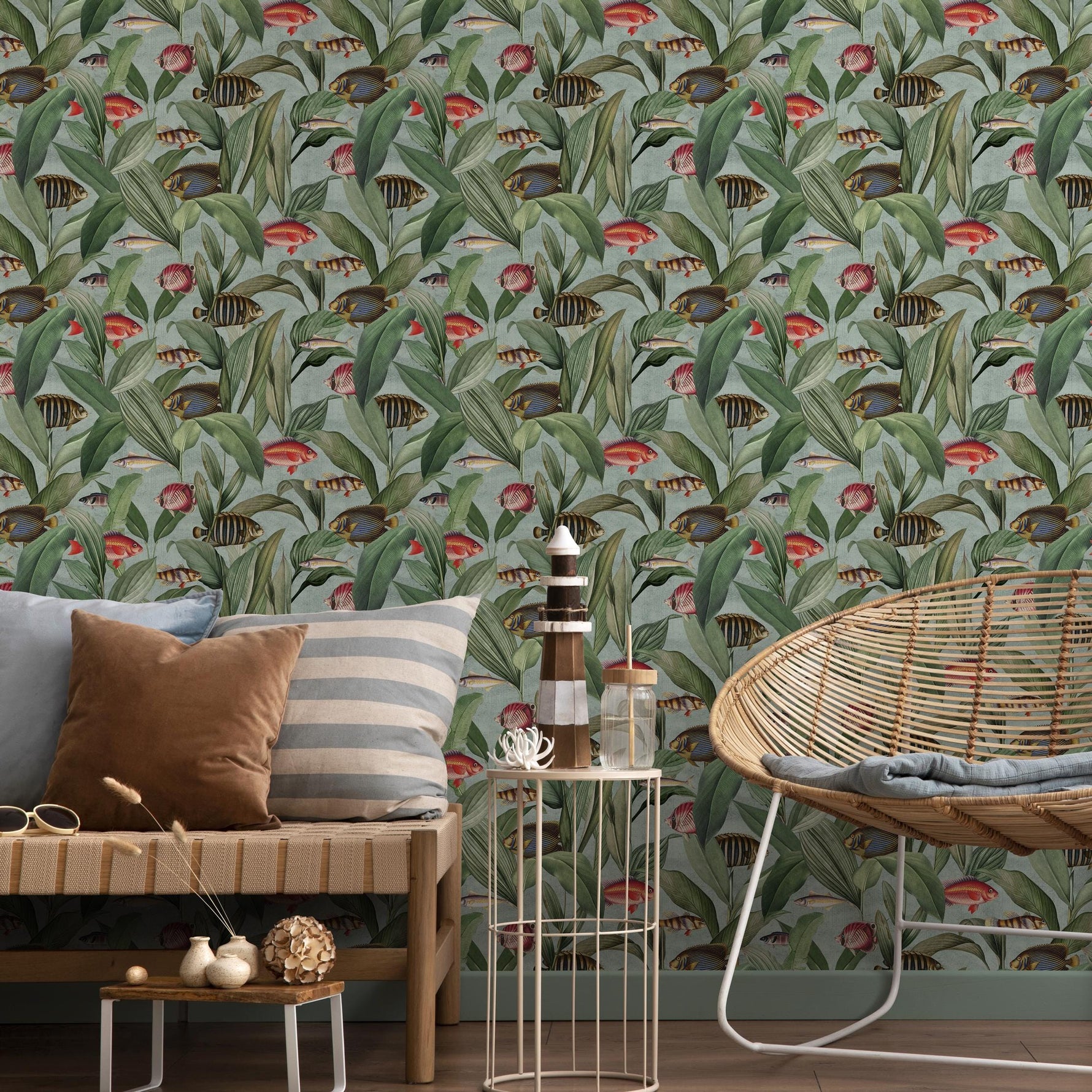 Tropical Wallpaper with Vintage Fish Illustrations in Green and Red - E312