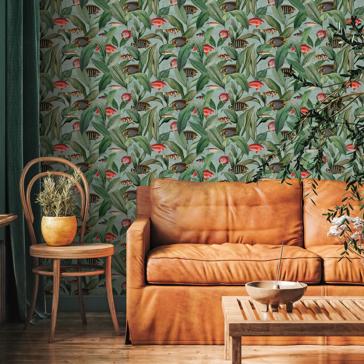 Tropical Wallpaper with Vintage Fish Illustrations in Green and Red - E312