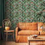 Tropical Wallpaper with Vintage Fish Illustrations in Green and Red - E312
