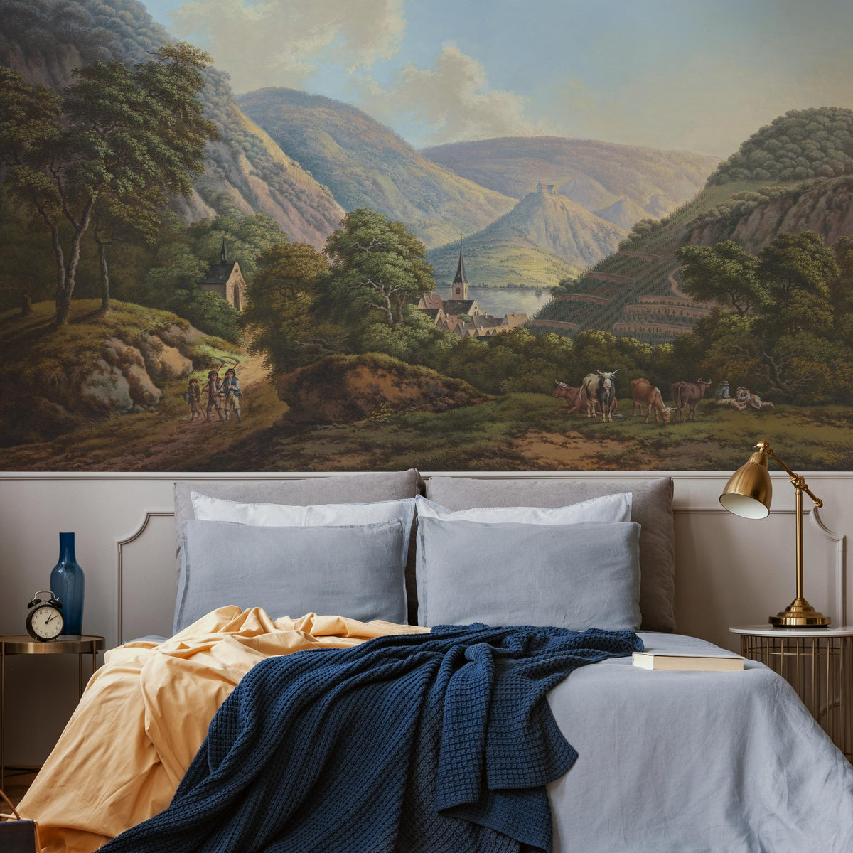 Landscape Wallpaper Featuring a Scenic River Valley Painting in Green and Blue - E320