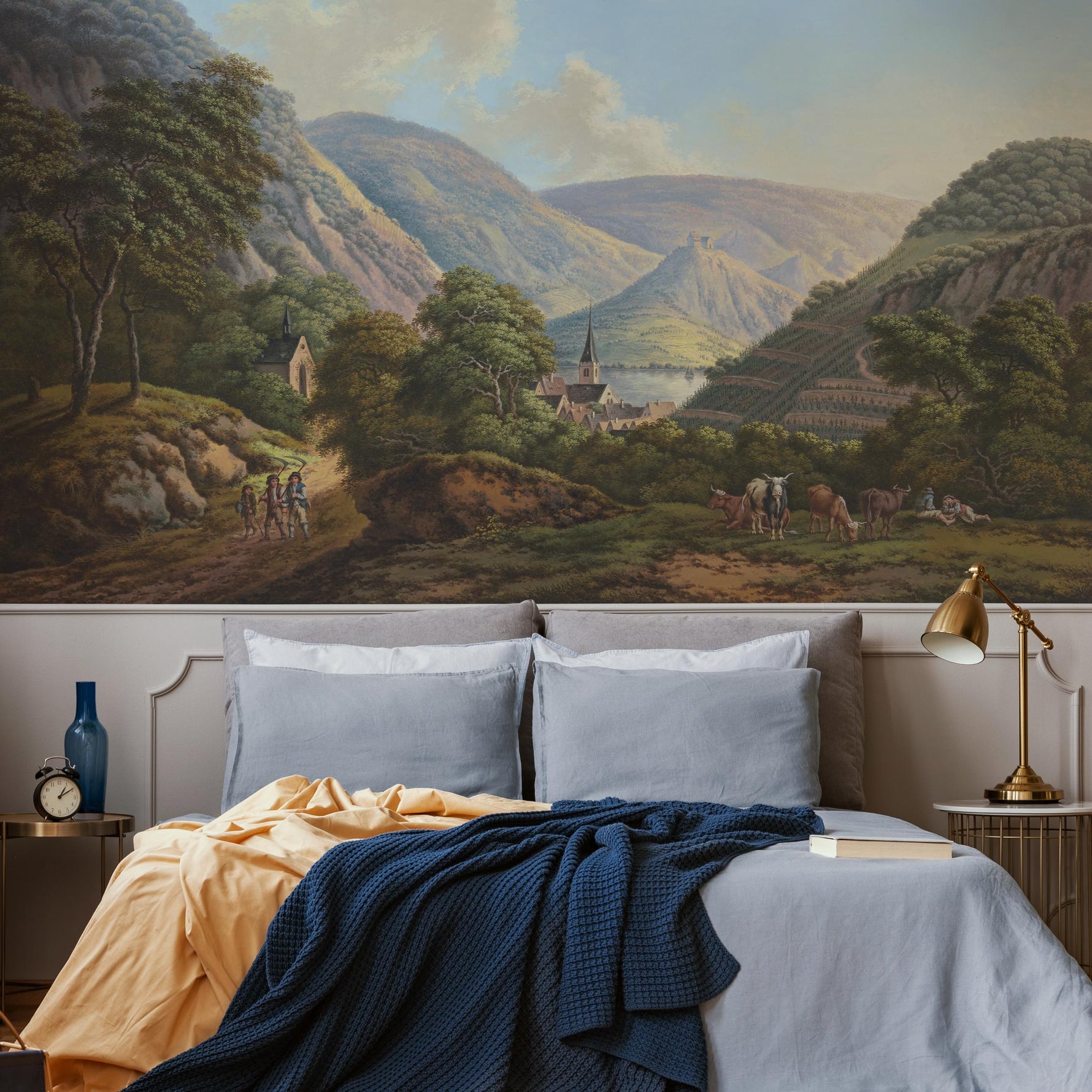 Landscape Wallpaper Featuring a Scenic River Valley Painting in Green and Blue - E320