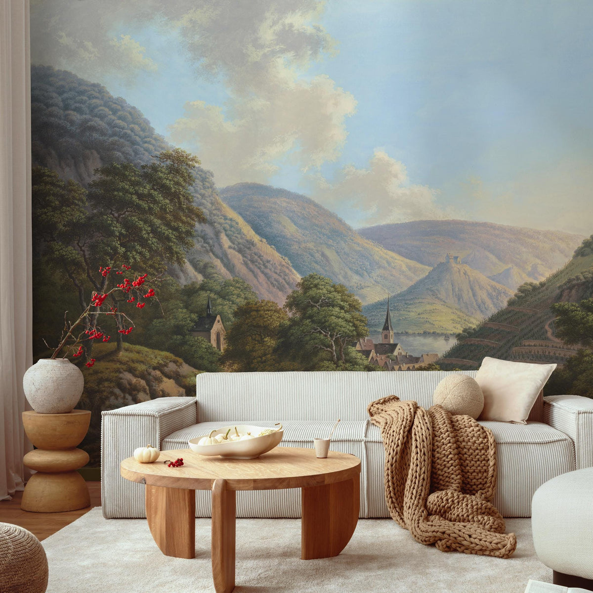 Landscape Wallpaper Featuring a Scenic River Valley Painting in Green and Blue - E320