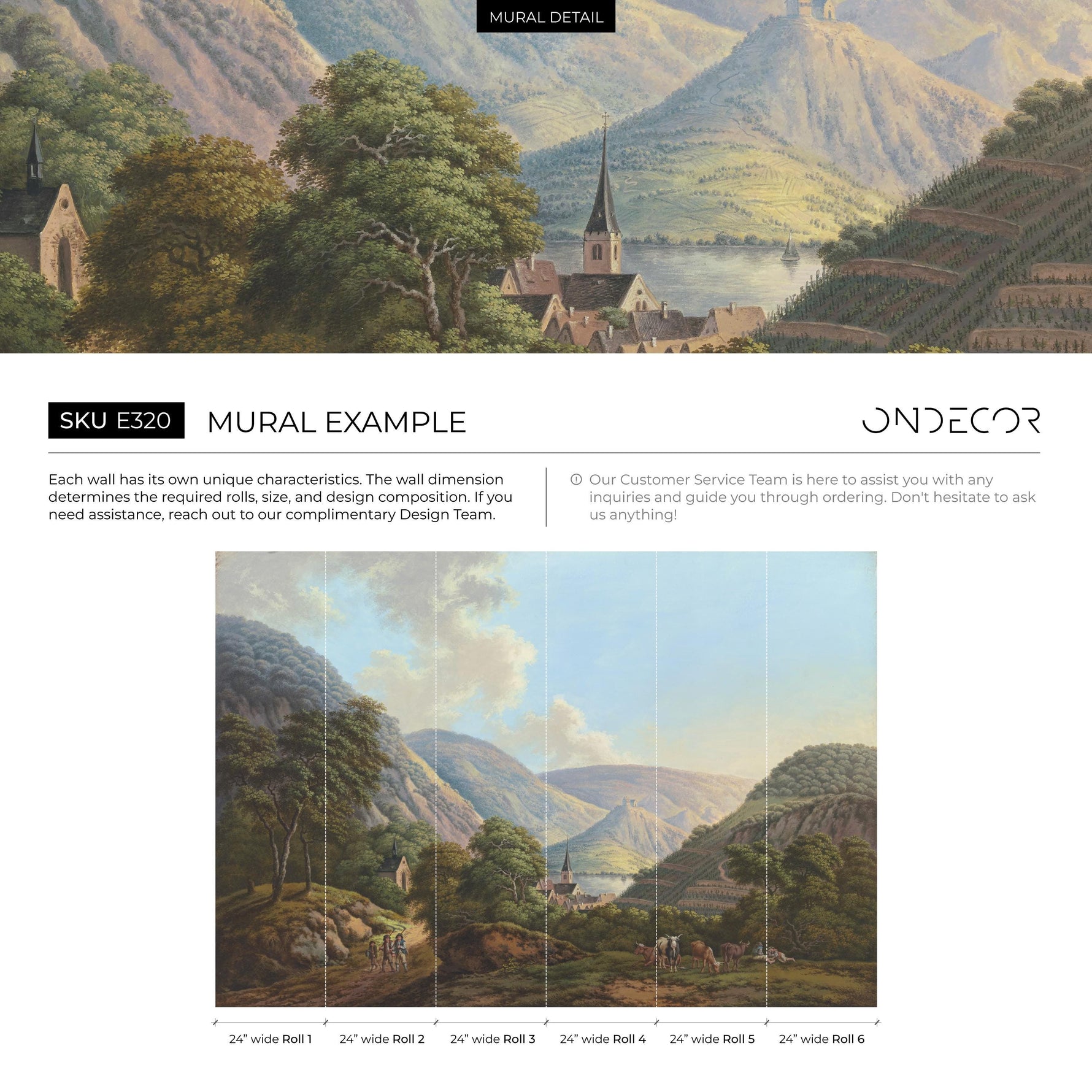 Landscape Wallpaper Featuring a Scenic River Valley Painting in Green and Blue - E320