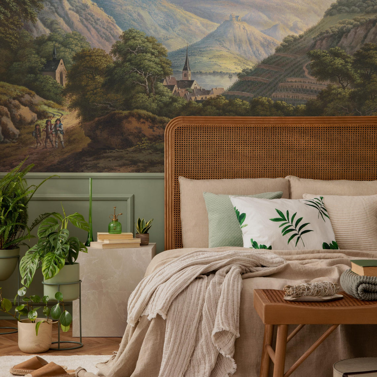 Landscape Wallpaper Featuring a Scenic River Valley Painting in Green and Blue - E320
