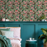 Tropical Wallpaper with Exotic Fish and Leaves in Pink, Green, and Red - E315