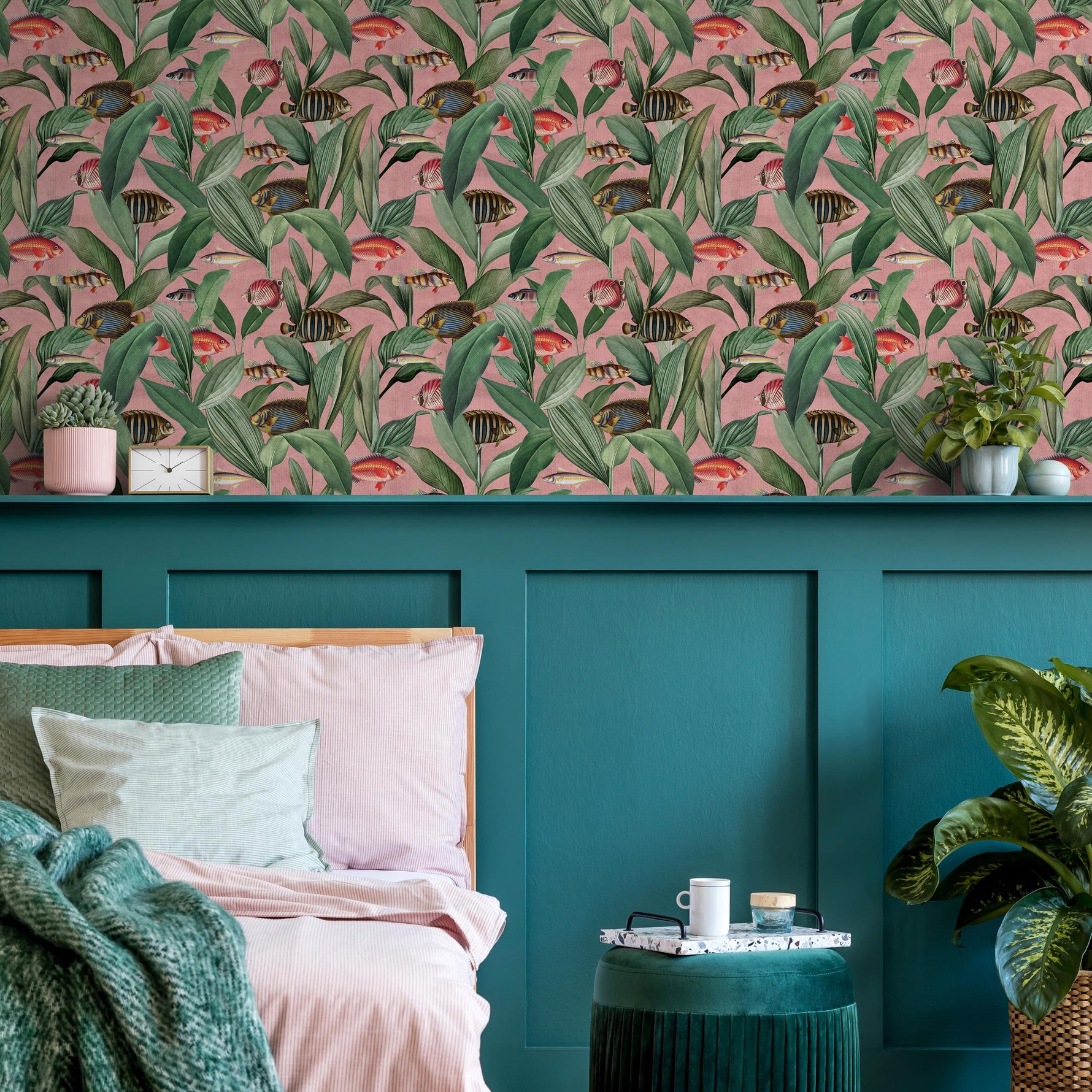 Tropical Wallpaper with Exotic Fish and Leaves in Pink, Green, and Red - E315
