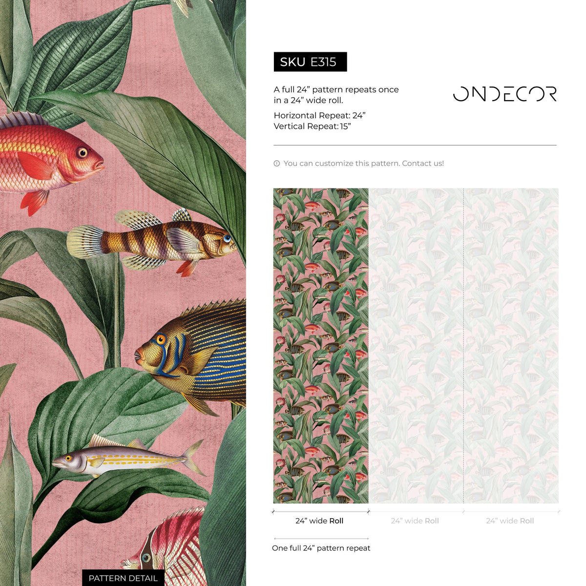 Tropical Wallpaper with Exotic Fish and Leaves in Pink, Green, and Red - E315