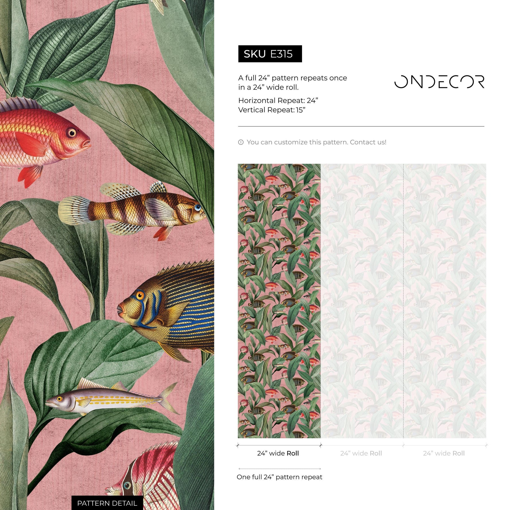 Tropical Wallpaper with Exotic Fish and Leaves in Pink, Green, and Red - E315