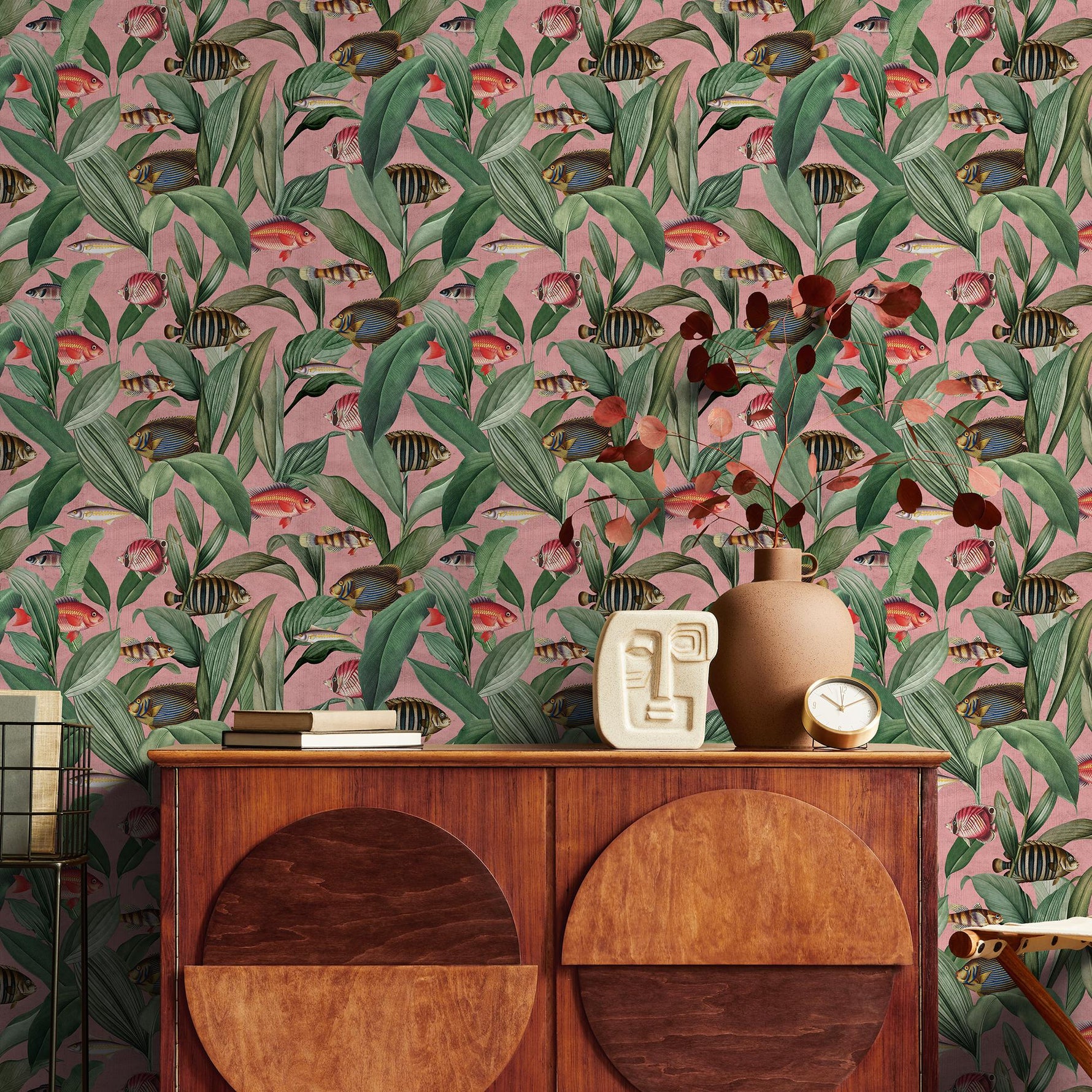 Tropical Wallpaper with Exotic Fish and Leaves in Pink, Green, and Red - E315