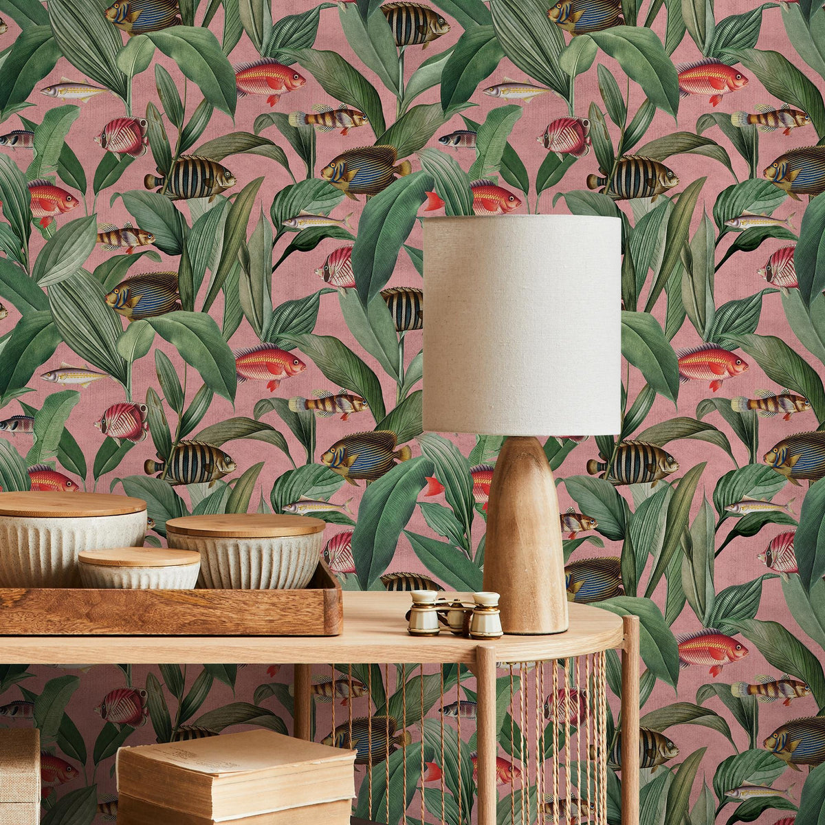 Tropical Wallpaper with Exotic Fish and Leaves in Pink, Green, and Red - E315