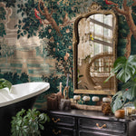 Tapestry Wallpaper with a Chinoiserie Garden Scene in Green and Red - E316
