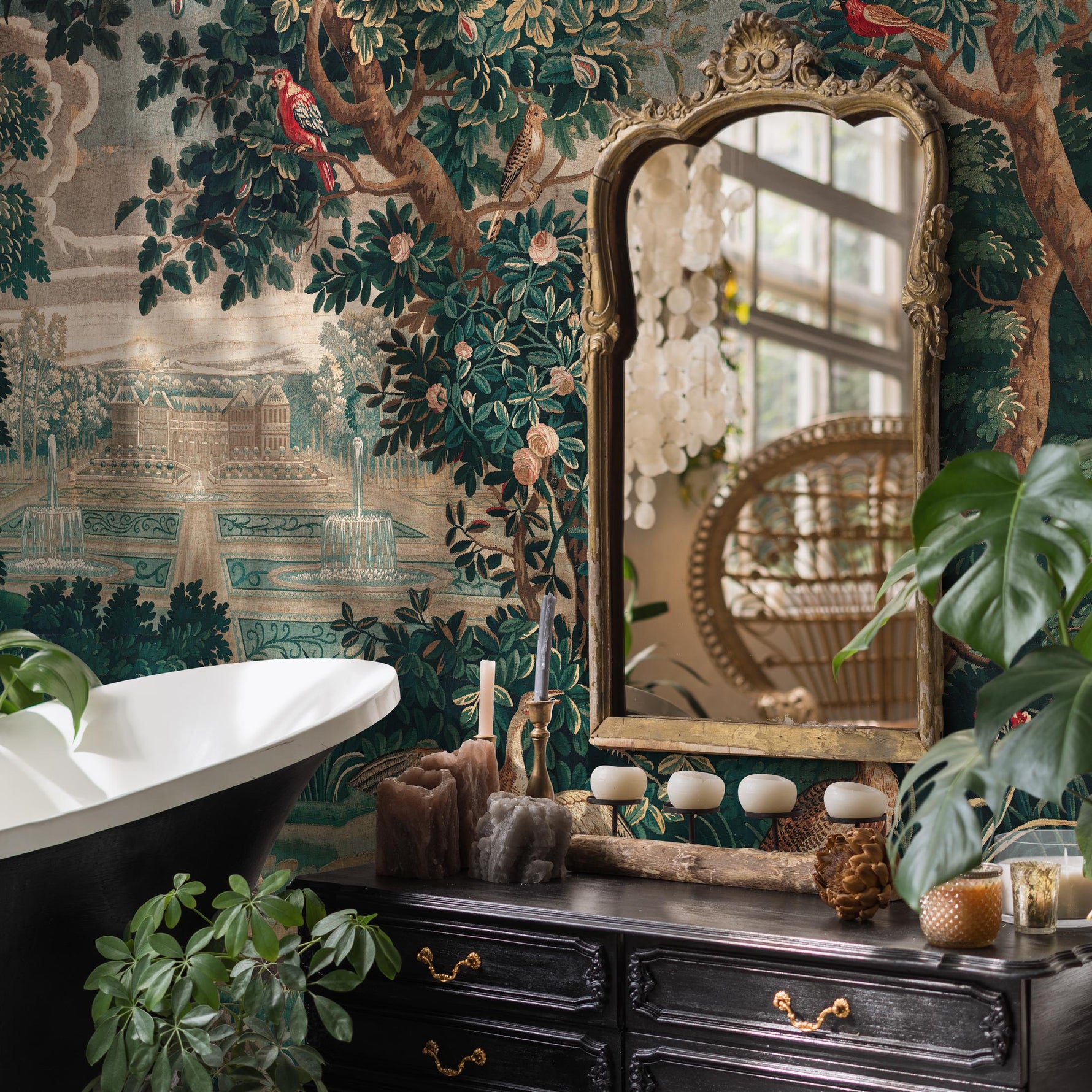 Tapestry Wallpaper with a Chinoiserie Garden Scene in Green and Red - E316