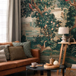 Tapestry Wallpaper with a Chinoiserie Garden Scene in Green and Red - E316
