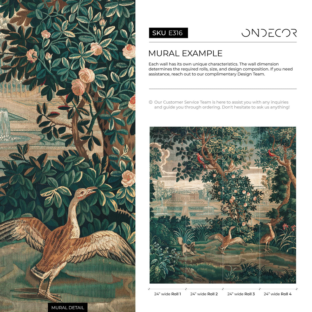 Tapestry Wallpaper with a Chinoiserie Garden Scene in Green and Red - E316